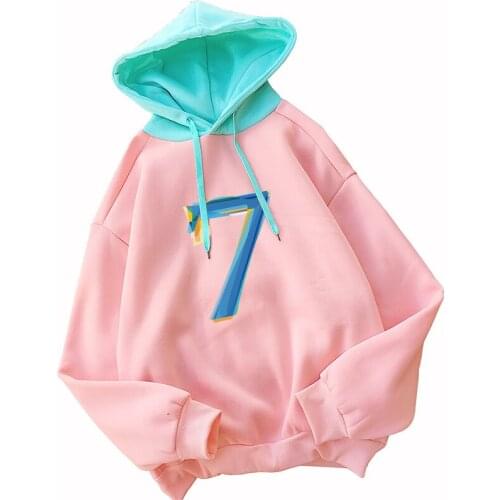 Bangtan Boys 7 Print Hoodies Women Casual Loose Fleece Spell Color Splicing Sweatshirt Drops Shoulder Hooded Korean Kpop Clothes