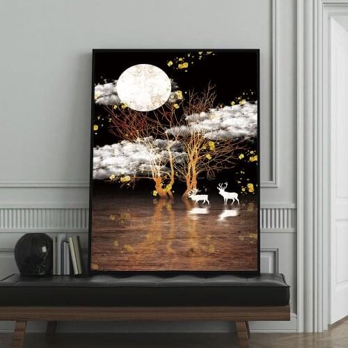 Vintage Viewscape Canvas Painting Dream Bright Moom and Deer Wall Art Poster Print Minimalist Picture for Living Room Home Decor