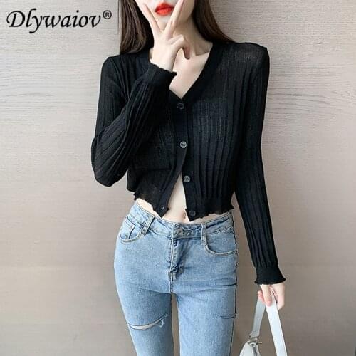 Knitted cardigan sweater Women 2021 Long sleeve sun protection clothing Solid Top Thin New Korean Knit sweaters Spring summer