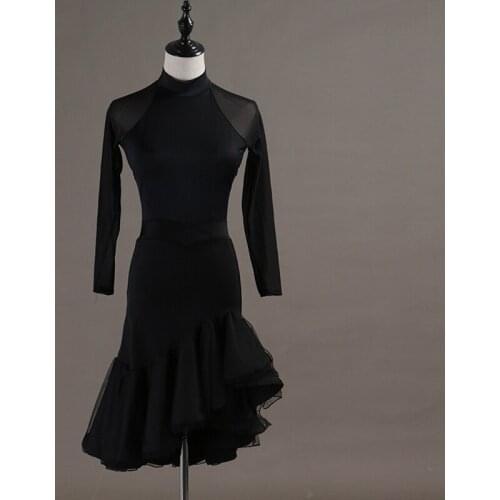 Latin Dance skirt and blouse set slanted hem Skew Yarn backless long sleeve