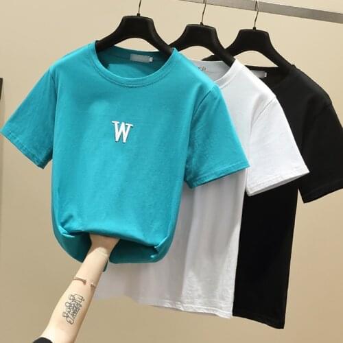 Gkfnmt Korea Style 2021 Summer Cotton Slim Tops Woman T-shirt Embroidery Tee Shirt Blue Short Sleeve Kawaii Tshirt Women Clothes