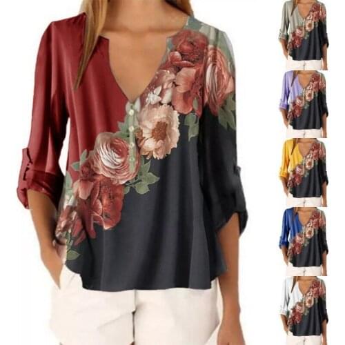 2021 Autumn Women Long Sleeve T-shirt V-neck Floral Print Shirts Top Chiffon T Shirt Fashion Tees Female Clothes Plus Size 5XL
