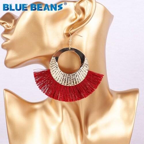 Women red tassel earrings bohemian statement luxury long earring handmade geometric fringe fashion big star wedding korean boho