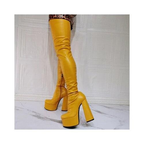 Round Toe Thick High Heel Stretch Over Knee Sexy Long Boots Women Platform Sexy Ladies Runway Trendy Shoe Woman Large Size 15