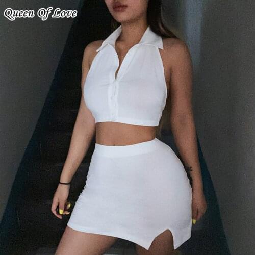 White Casual Sleeveless Crop Top And Mini Split Skirt Set Women Backless Sexy Halter Two Pieces Y2K Outfits 2021 Summer