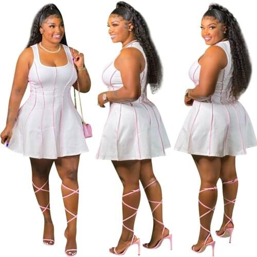 Zoctuo Plus Size Solid White Dress Sleeveless Slashneck Line Collision Womens Above Knee Dress Sexy Elegant Mini Party Dress