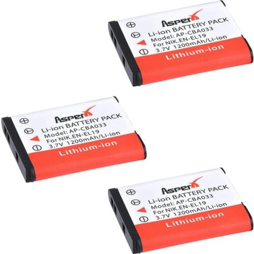 AsperX 3PCS 3.7V 1200mAh EN-EL19 EN EL19 EL19 Battery for Nikon Coolpix W150 S32 S100 S2800 S3200 S3300 S3500 S3600 S4100 S4200