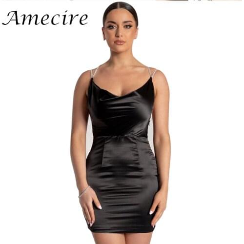 Amecire O-neck Diamond Embellished Bodycon Dress Satin Zipper Mini Sexy Dress Zevity Designer Clothes Rave Outfit Evening Dress