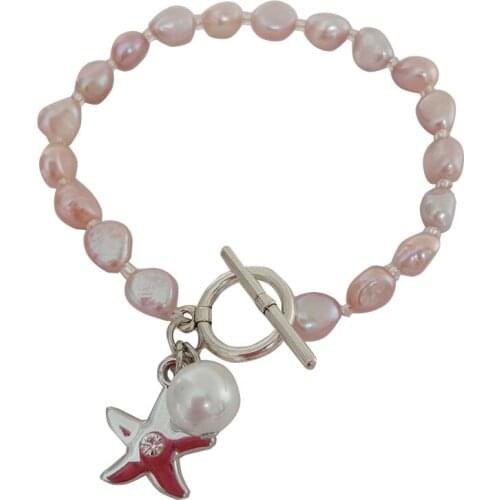 Top fashion pearl bracelet made of 100% NATURE FRESHWATER PEARL BRACELET-7-9 mm long BAROQUE shape PEARL, Sea-Star hanger