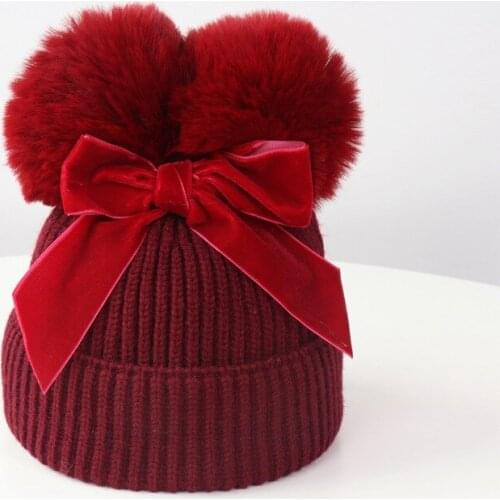 Childrens cute knitted hat Woolen hat winter thicken warm baby hatFur ball ear warm hat wool ball letters