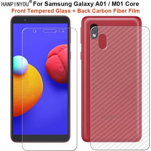 For Samsung Galaxy A01 / M01 Core 5.3" 1 Set = Soft Back Carbon Fiber Film + Ultra Thin Tempered Glass Front Screen Protector