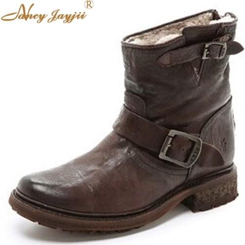 Women Nubuck Leather Shearling Lined Boots Wrinkled Leather Moto Low Heels Boots Shoes For Woman Outdoor&Snow Plus Size 4-16