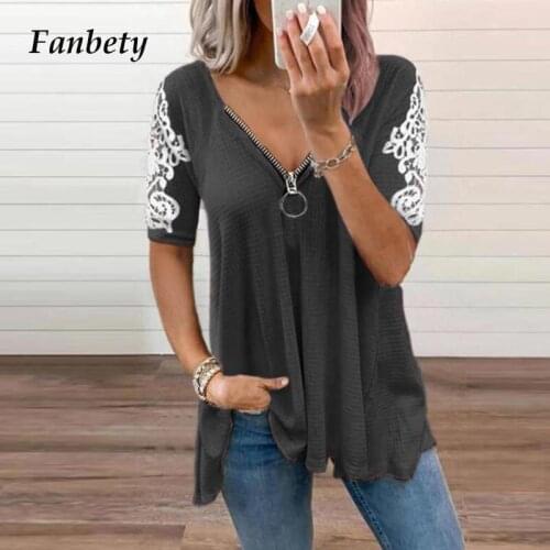 Sexy Low-Cut V-Neck Zipper Casual Tee Shirt Summer Lace Embroidery Patchwork T-Shirts Women Fashion Hollow Out Short Sleeve Tops