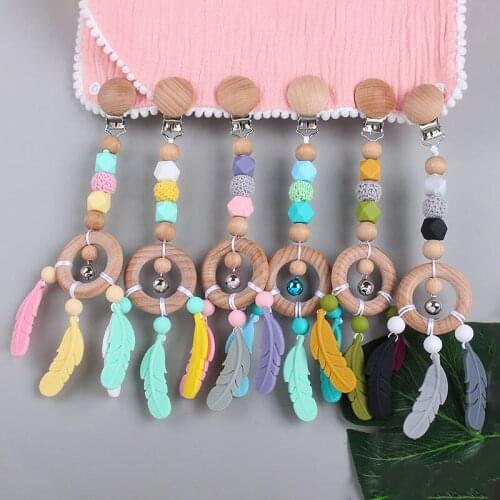 Beech Wood Ring Toy Teether New Cartoon Feather Silicone Molar Stick Pacifier Chain Anti-drop Chain Ummy Holder Nipples Bracket