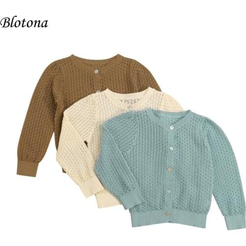 Blotona Toddler Spring Autumn Coat, Solid Color O-Neck Long Sleeve Button-Open Hollow Out Knitted Cardigan for Baby Girls, Boys