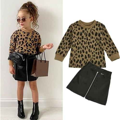 2PCS Toddler Kids Baby Girl Clothes Set 1-5Y Leopard Print Pullover Tops Sweater Leather Mini Skirts Outfit Party