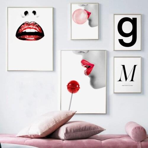 Red Lips Girl Balloon Letter G M Wall Art Canvas Painting Nordic Posters And Prints Decoration Pictures For Living Room Decor
