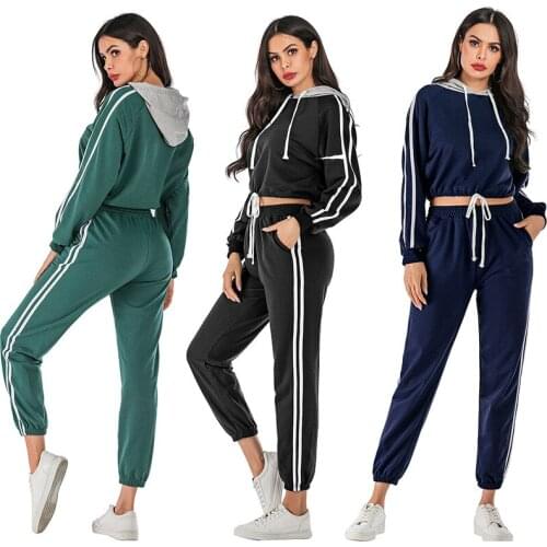 Fashion Causal Sports Suit Womens Hooded Trendy Loose Sportswear Two-piece Suit Long Sleeve Tracksuit And Striped Pants Autumn