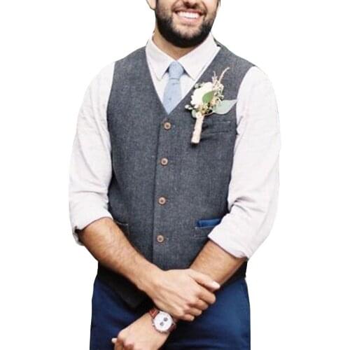 Suit Men Vest V Neck Wool Brown Grey Single-breasted Waistcoat Casual Formal Business Groomman For Wedding Vest