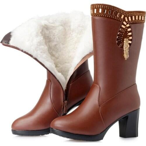 2019 New Rhinestone Winter Fashion Boots Women Boots Shoes High Heels Plus Velvet Warm Wool Boots In-tube Genuine Leather Boots