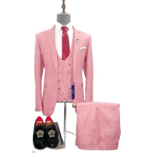 Slim fit Pink Men Suits 3 piece for Wedding 2020 Man Fashion Clothes Peaked Lapel Groom Tuxedos Male Set Jacket with Pants Vest