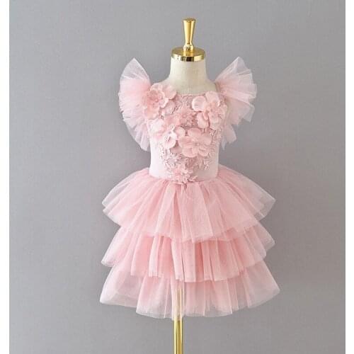 Girls Lovely Pink Flowers Applique Dress for Kids Boutique Spring Summer Tutu Dress Children Birthday Gown Clothing Outfit