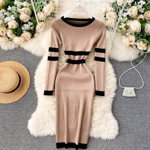 Autumn Winter Basic Knitted Sweater Dress Women Long Sleeve Two Stripes Stretchy Bodycon Dress Ladies Office Dresses