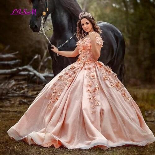 Off The Shoulder Quinceanera Dresses Applique 3D Flower Beads Sweet 16 Party Ball Gowns Pageant Princess Lace up Back Prom Dress