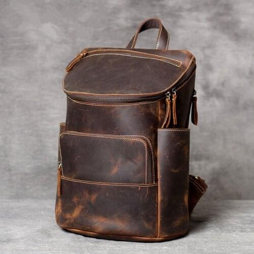 Simple retro mens genuileather backpack crazy horse leather large capacity daily all-match womens Casual backpack computer bag