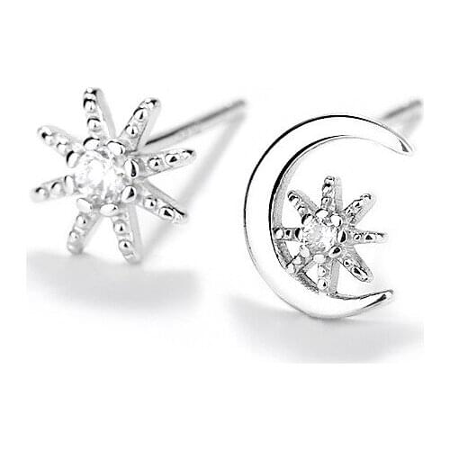Sterling silver exquisite sparkle asymmetrical star and moon earrings simple fashion fashion earrings wholesale korean fashion