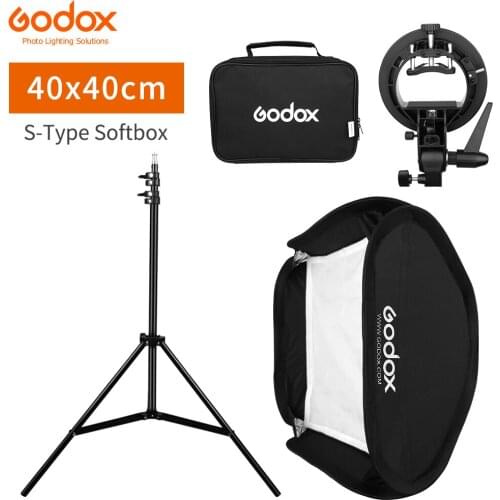 Godox 40x40cm 15x15inch Flash Speedlite Softbox + S type Bracket Bowens Mount Kit with 2m Light Stand for Camera Photography