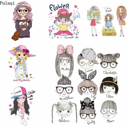 Pulaqi Iron on Transfers Cartoon Girls Patches for Clothes Stripes Iron Heat Transfer Vinyl Stickers Thermal Applique Badges DIY