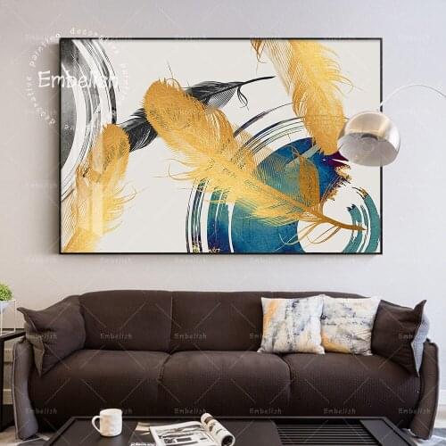 Embelish Beautiful Golden Feathers Modern Home Decor Wall Art Pictures For Living Room HD Spray On Canvas Office Artworks Poster