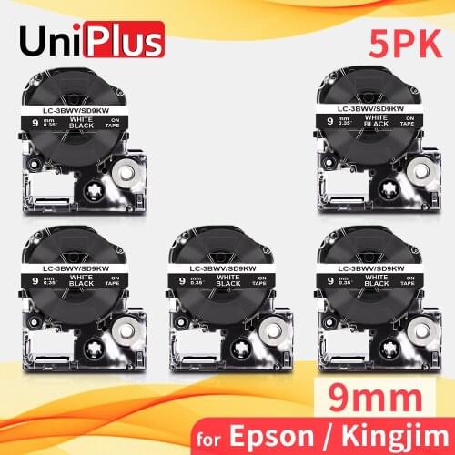 UniPlus 5PK SD9KW White on Black 9mm Label Tape Compatible Epson Tape 3/8" LK-3BWV for KingJim Label Printer SR40 SR250 SR370 55