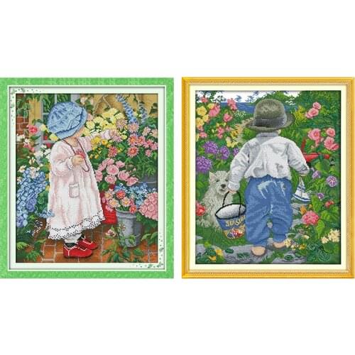 Flower Girl and Boy Cross Stitch DMC 11CT 14CT Stamped Embroidery Kit Chinese Cotton Cross-stitch Kit Embroidery Home Decor Set