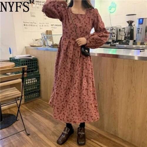 NYFS 2021 Korean New Spring Autumn Woman Dress Literary Loose Corduroy flowers Print Dresses Vestido de mujer Robe