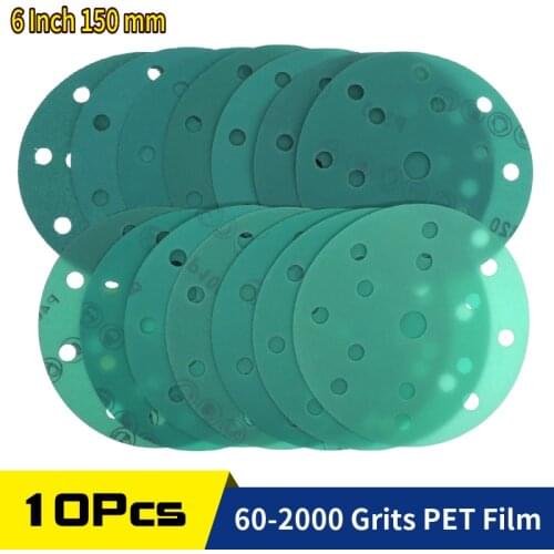 10Pcs 6 Inch 150MM 15 Holes Hook and Loop 60 to 2000 Grits Polyester Film Green Sandpaper Sanding Disc Wet&dry Sanding Sheets