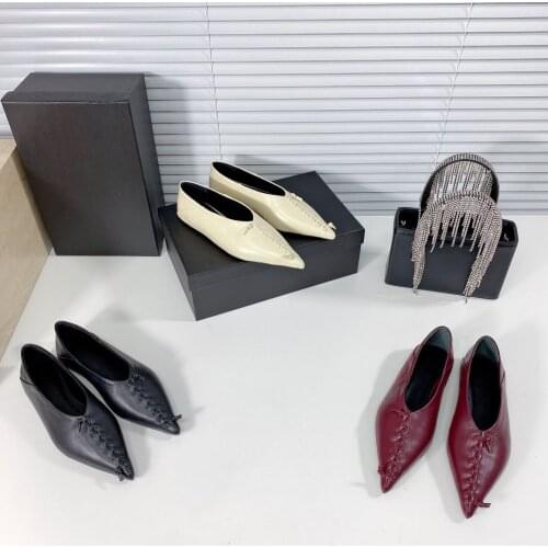 2021 New Casual Flats Comfort Women Shoes Pointed Toe Flats Woman Slip-On Shoes Woman Retro Women Flats Weave Genuine Leather