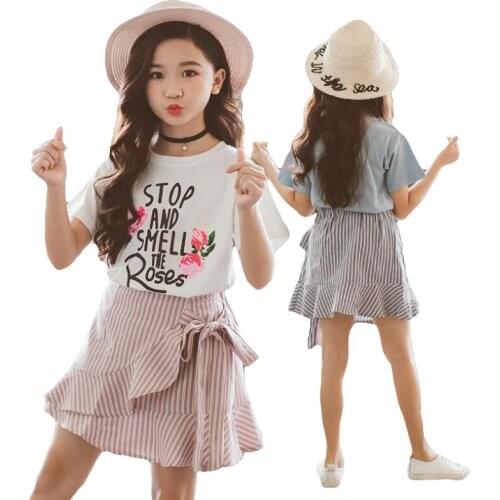 2021 Summer New Baby Girls Clothing Sets Fashion Style Printed Short Sleeve T-shirts+stripe Skirt 2pcs Clothes