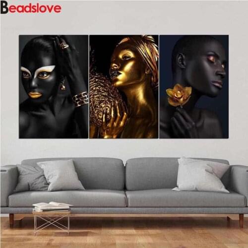 5D diamond embroidery, gold, Black Women painting, mosaic, cross-stitch, full diy diamond painting, 3 pieces, Scandinavian decor