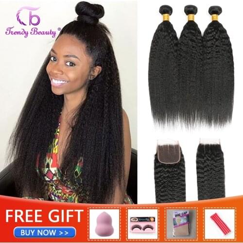 Brazilian Kinky Straight 3/4 Bundles With 4x4 Lace Closure Kinky Straight Bundles Human Hair Bundles With Closure Trendy Beauty
