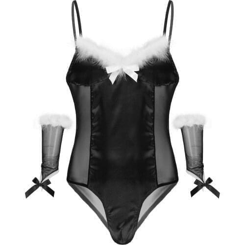 Men Sissy See-through Mesh Bodysuit Sexy Lingerie Satin Leotard Christmas Cosplay Costumes Feather Trimming Jumpsuits Erotic Set