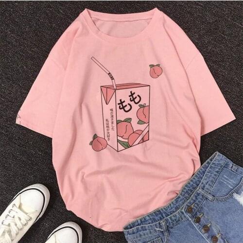 Premium Cartoon Peach Juice Japanses Aesthetic Grunge T Shirt Women Harajuku Cute Kawaii Pink Summer Casual Outfit Fashion Tops