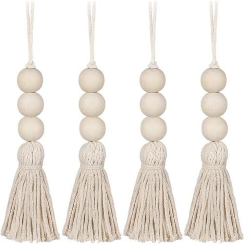 Wood Bead Garlands,Farmhouse Beads Tassels, Rustic Country Decor Prayer Beads for Home Door Knob Decor(4Pcs)