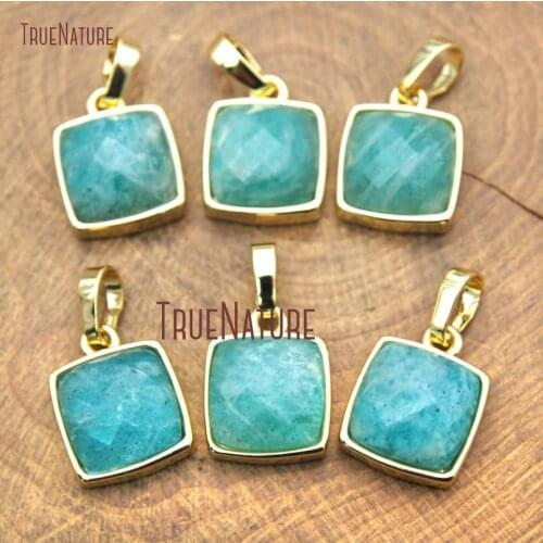 10Pcs Gold Color Faceted Square Pendant Pure Amazonite Pendant On Sale 11mm PM14947