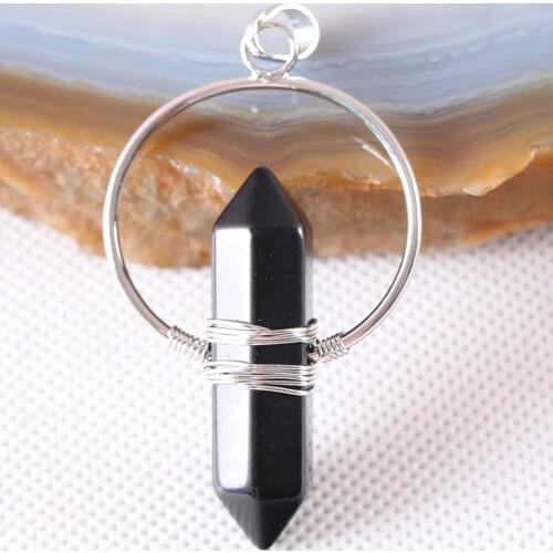 Copper Reiki Healing Natural Stone Black Onyx Eye Pendulum for Prism Dowsing Hexagonal Pendant 1Pcs