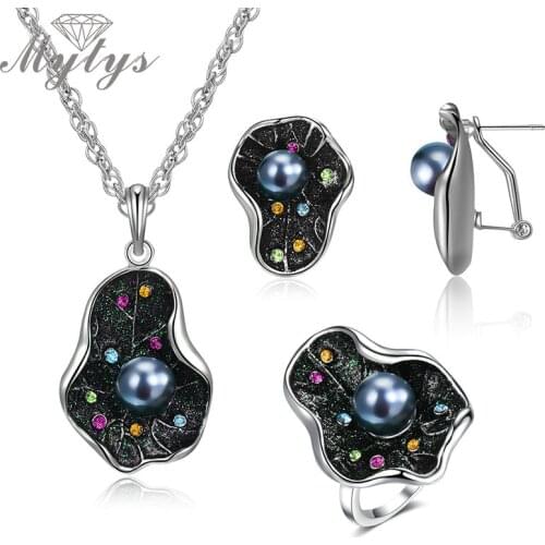 Mytys Sparkling Noble Leaf Ring Earrings Necklace Colorful Crystal & Black Pearl On Leaf Retro Statement Jewelry Sets for Women