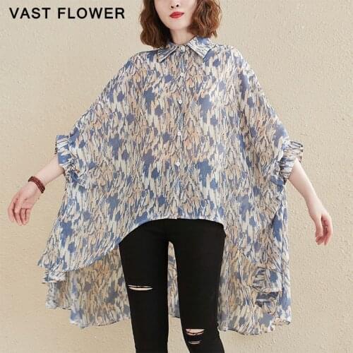 Irregular Print Plus Size Blouse Women New Lapel Batwing Sleeve Beach Style Loose Casual Oversized Shirt Fashion Summer 2021