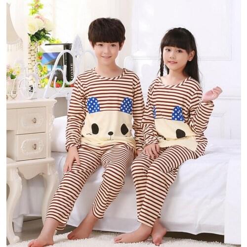 Autumn Childrens Stripe Sleepwear Girls Pajamas Solid Color Infant Baby Clothes Sets Boys Pajamas Cotton Kids Sleepwear Suit
