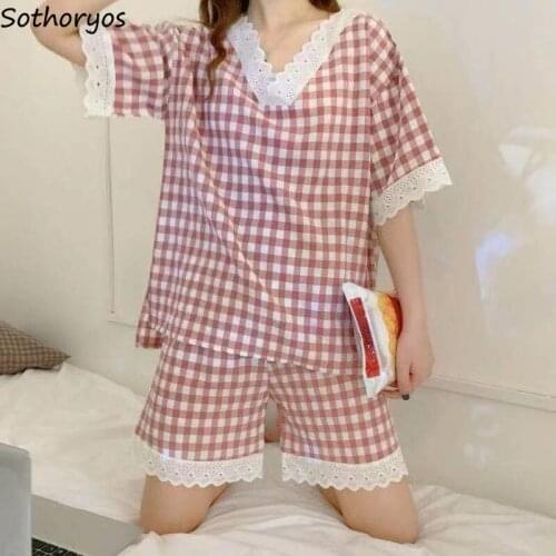 V-neck Pajama Sets Women Retro Plaid Patchwork Trendy Short Sleeve Pajamas Female Plus Size M-3XL Cozy Lace Ins Casual Homewear
